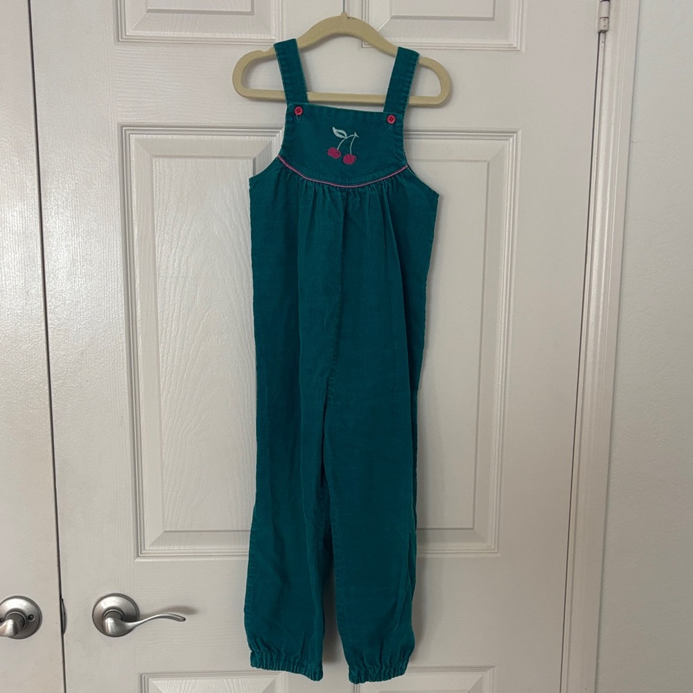Vintage Teal Kids Overalls with Cherry Embroidery